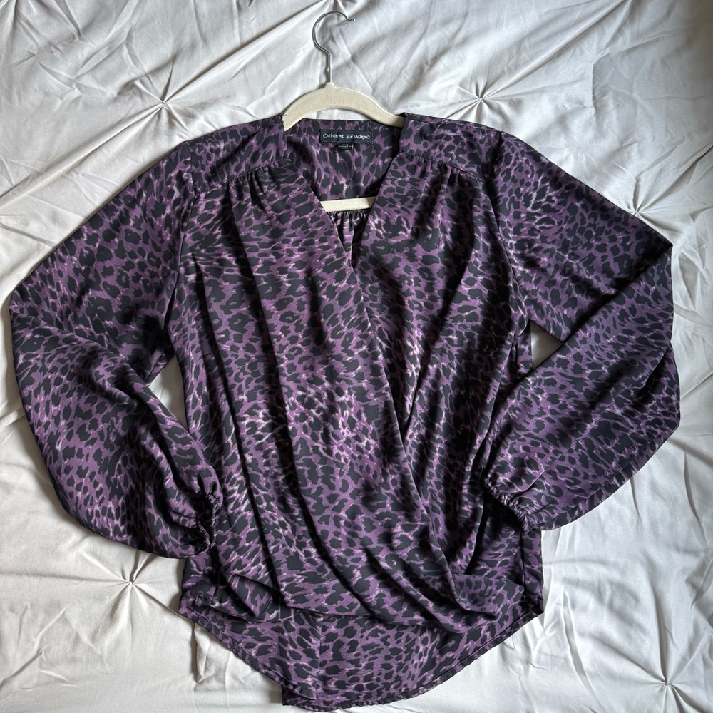 Catherine Malandrino Black and Purple Leopard Satin Top